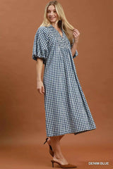 Umgee Puff Sleeve Plaid Midi Dress