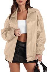 SAMPEEL Leather Jacket Women Faux Oversized Motorcycle Bomber Coats 2024 Fall Going Out Outfits Winter Clothes Apricot XS