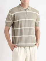 Men's Plus Size Striped Zip-Up Knit Polo