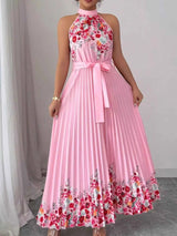 Halter Neck Floral Print Pleated Maxi Dress