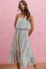 SO ME Stripe Tiered Shoulder Tie Midi Lined Dress