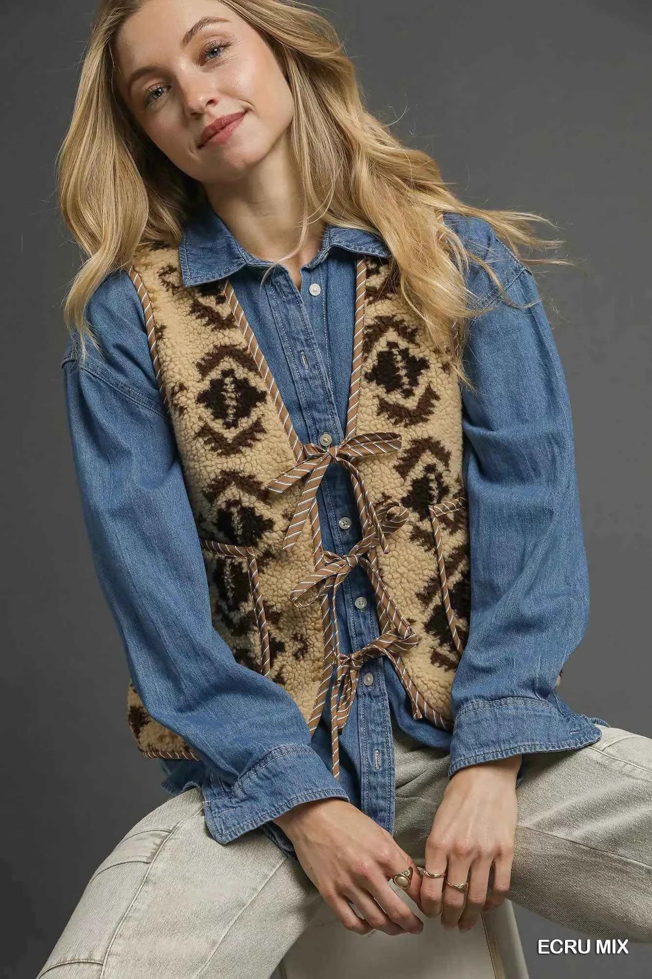 Umgee Mix Patterned Sherpa Tie-Front Vest