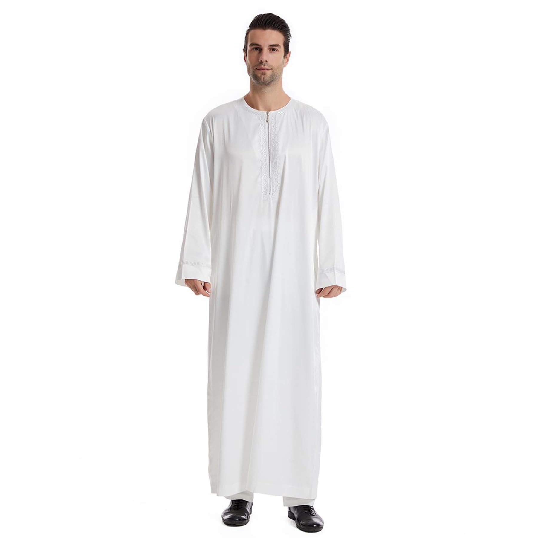 Lenmipot Mens Muslim Robe Arab Kaftans for Men Islamic Eid Muslim Thobe Ramadan Daily Clothes 1PC Muslim Glossy Robe StyleA White - Amaryllisstores