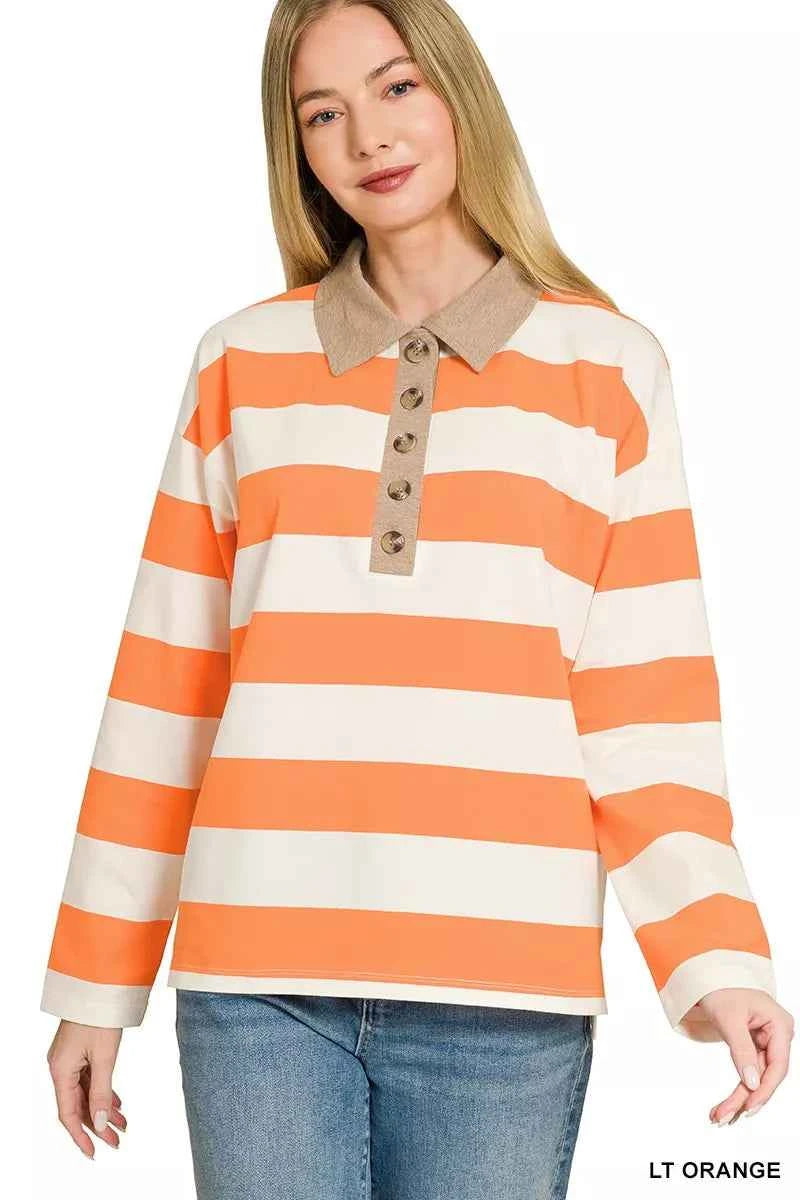 Zenana Striped Contrast Collar Polo Top
