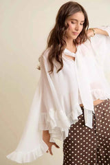 SO ME Sheer Ruffle Bell Sleeves Bow Tie Flowy Blouse Top