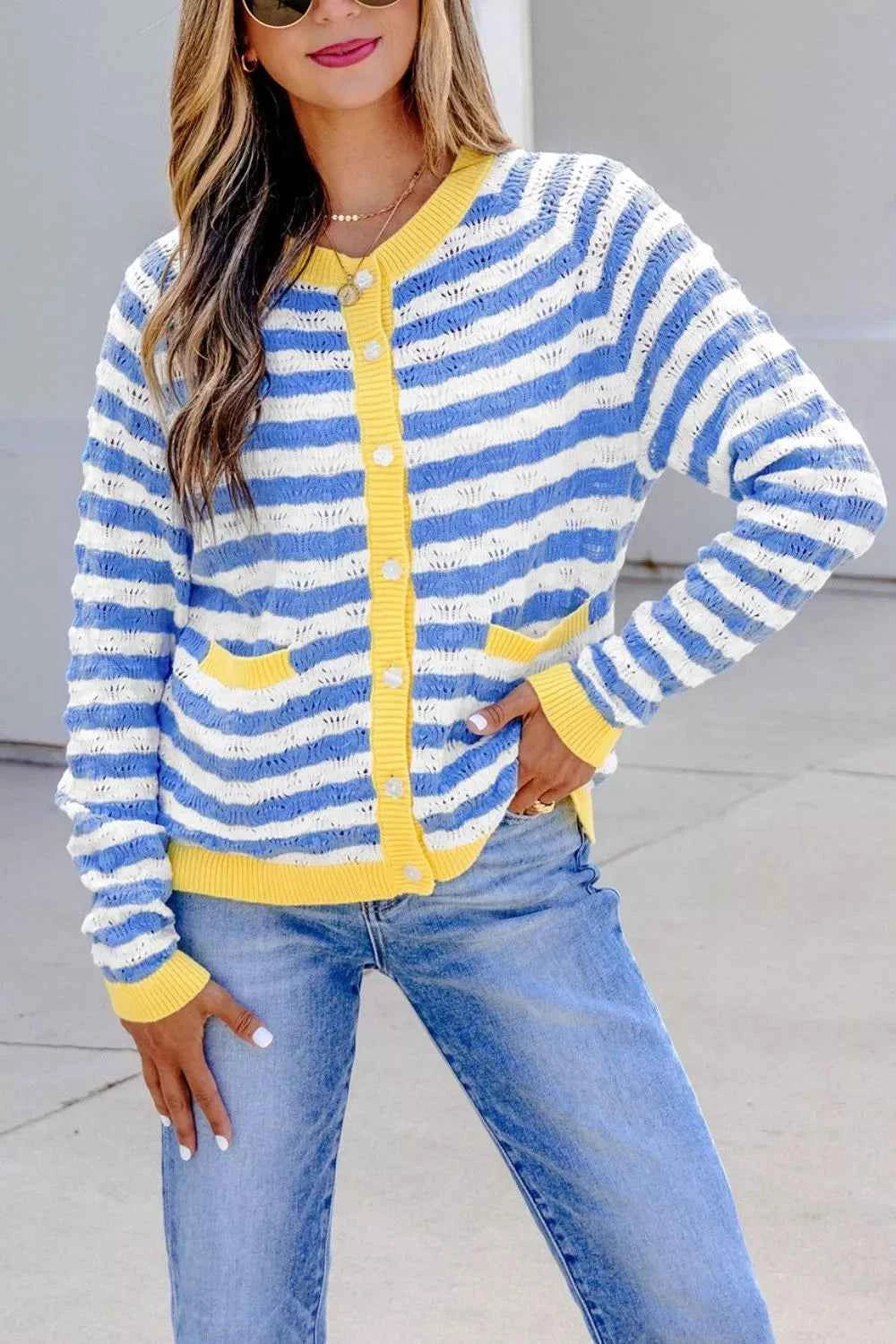 Striped Knit Button Up Cardigan
