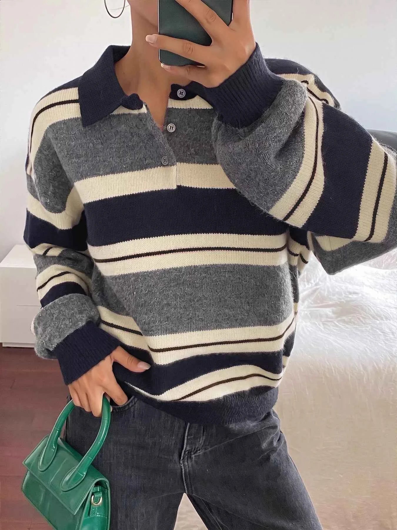Striped Long Sleeve Button Detail Sweater