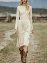 Women's Retro Western Crew-Neck Long-Sleeve Fringed Suede Velvet Dress
