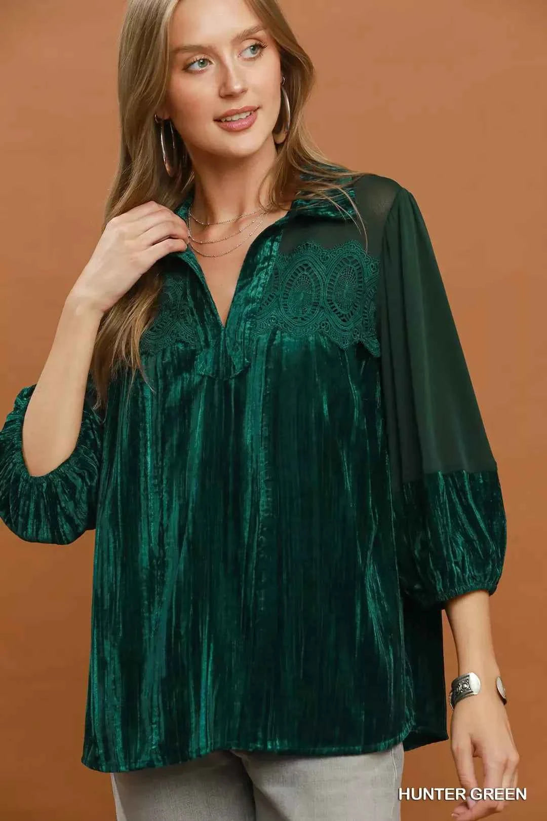 Umgee Velvet Lace Detail Mixed Fabric Blouse