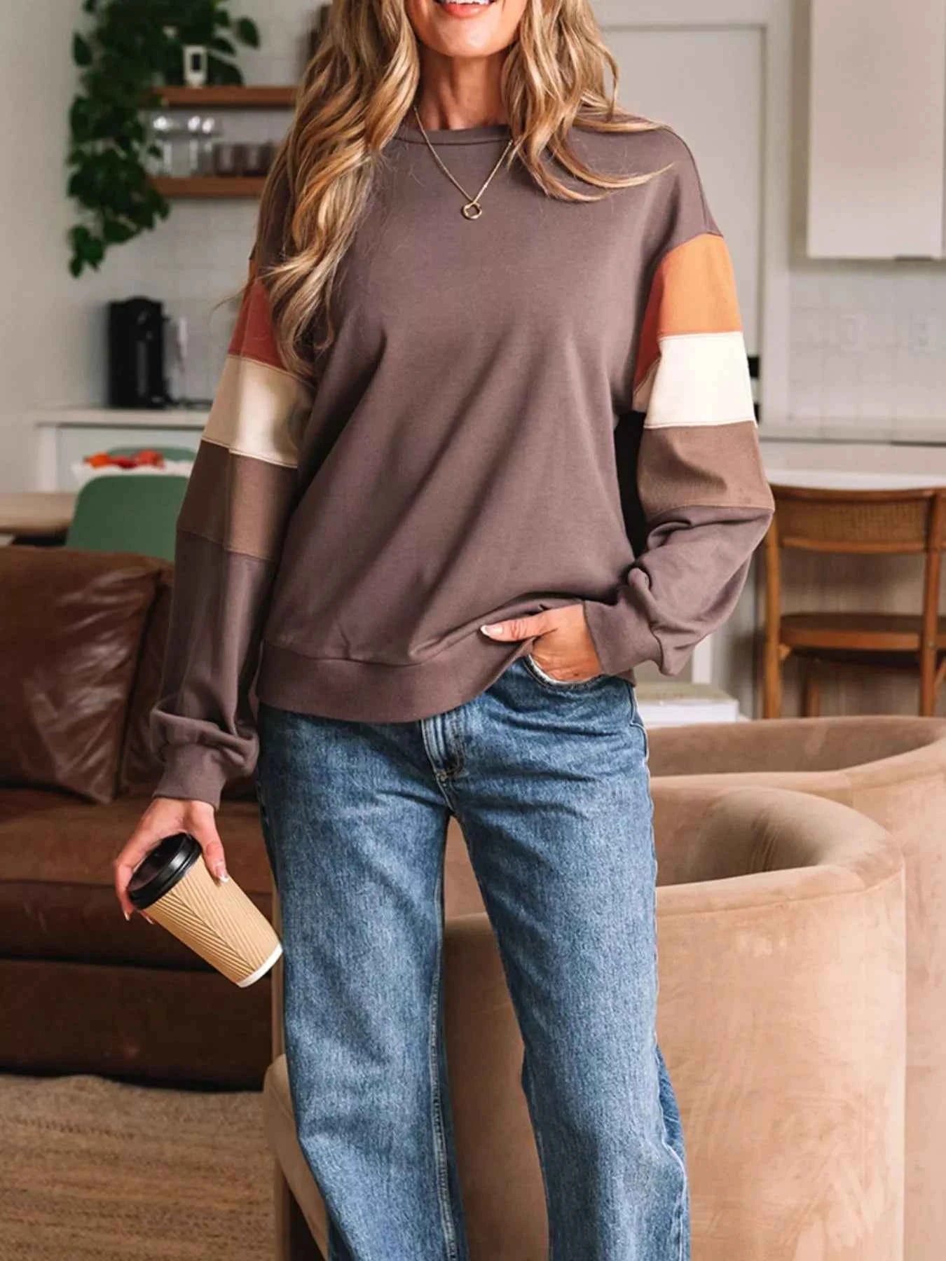 Color Block Drop Shoulder Pullover Casual Sweatshirt