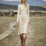 Women's Retro Western Crew-Neck Long-Sleeve Fringed Suede Velvet Dress