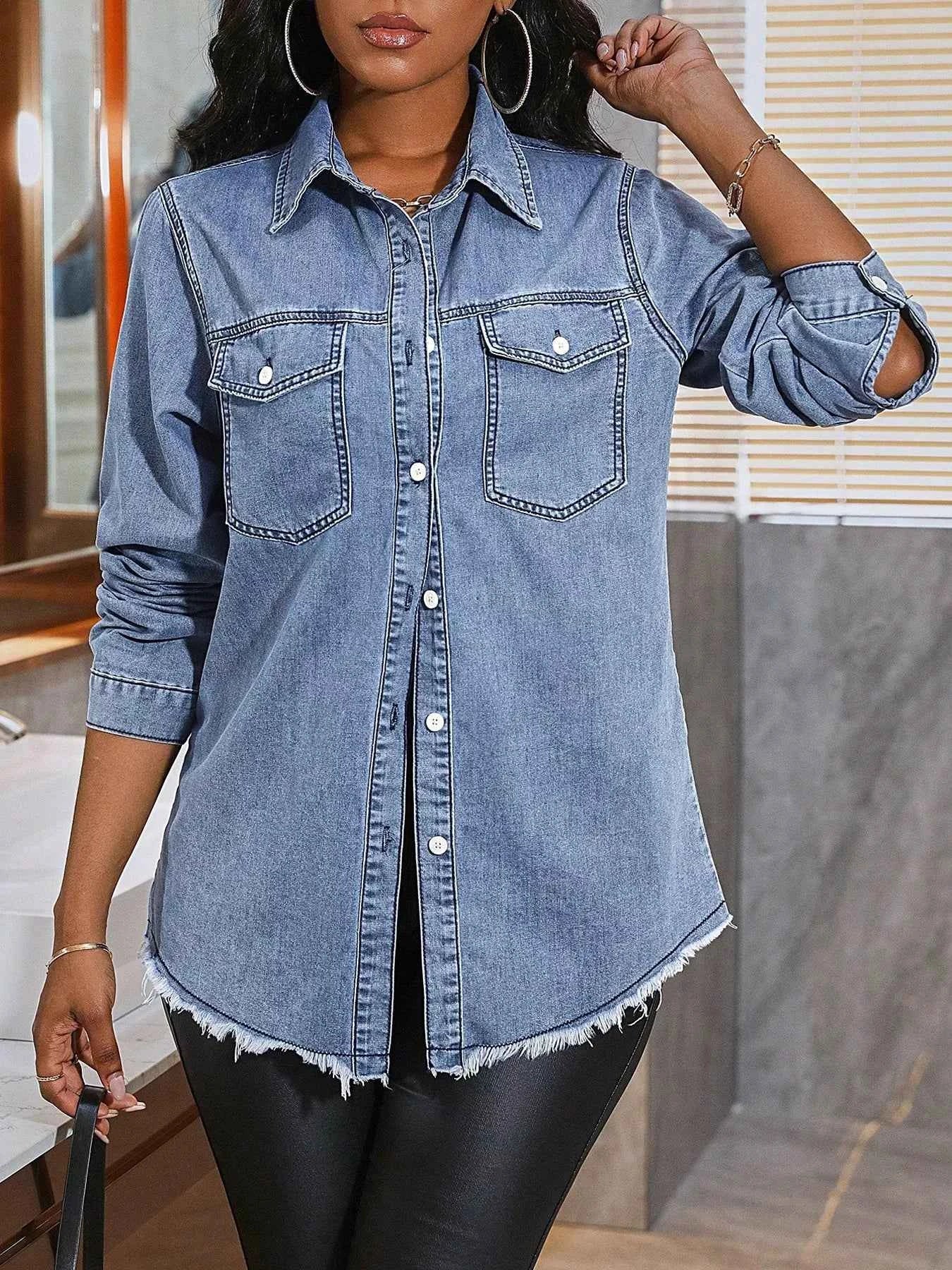 Raw Hem Button Up Denim Shirt