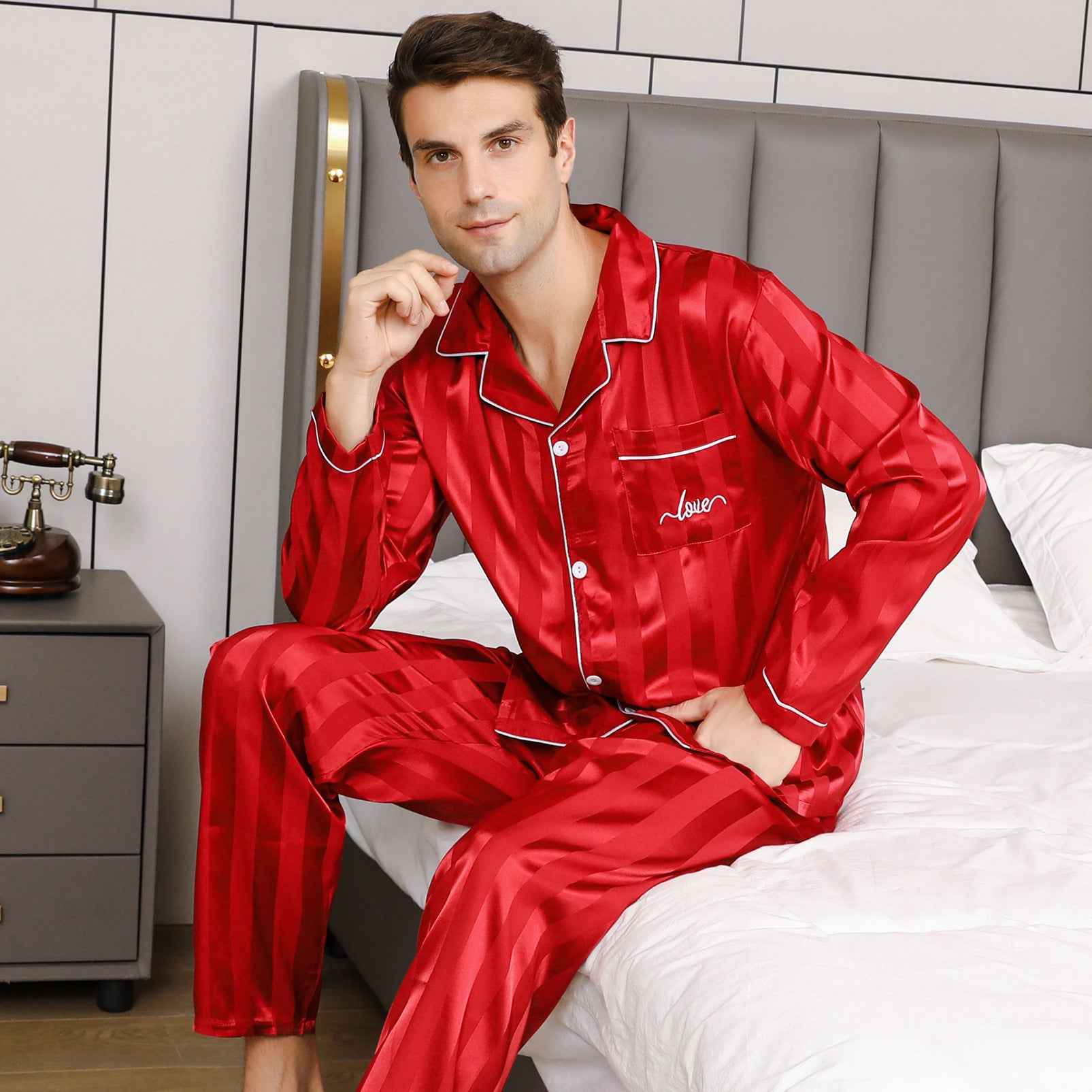 Mens Solid-Color Striped Long-Sleeve And Long-Pant Loungewear Set