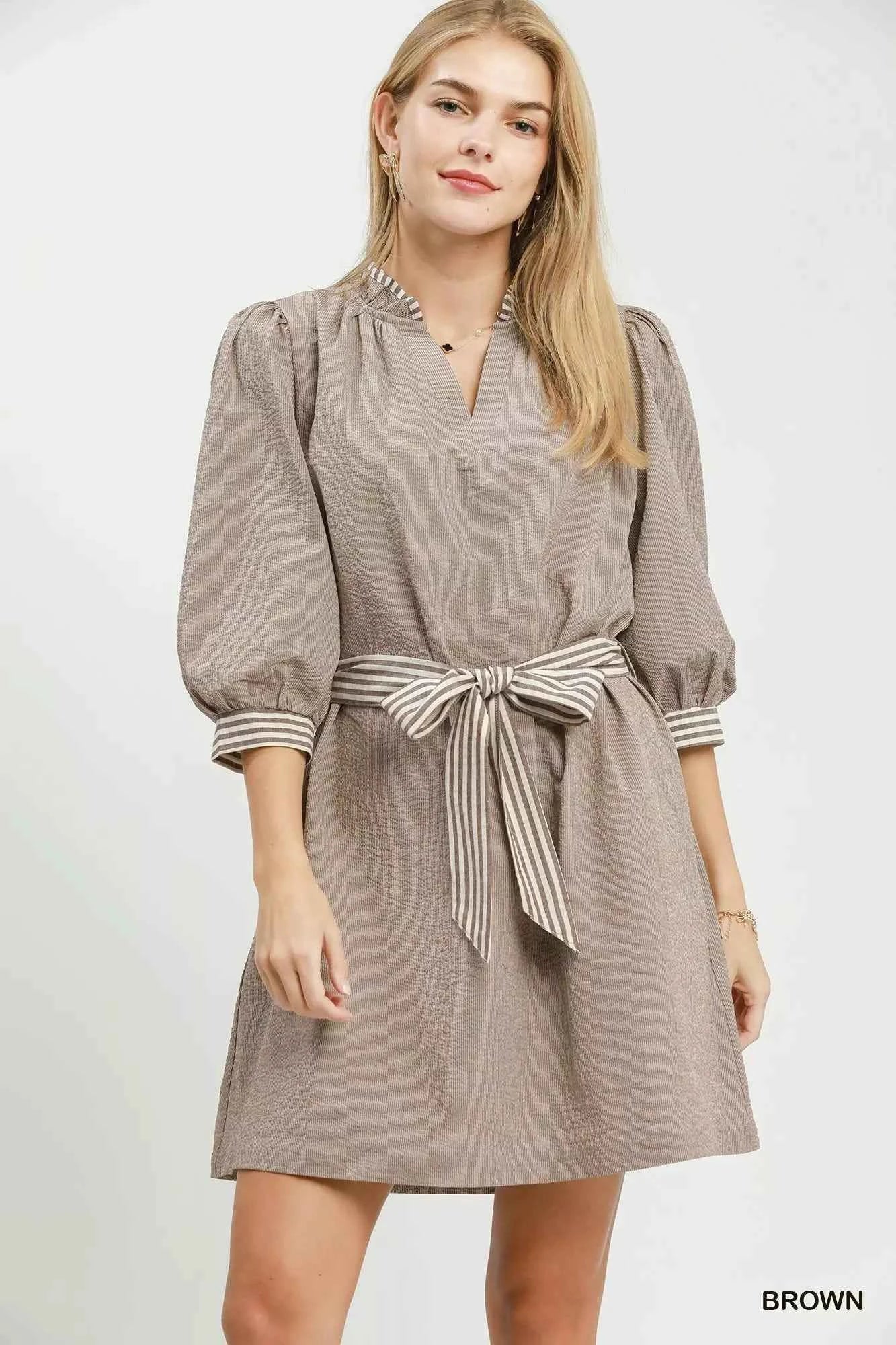 Umgee Textured Contrast Trim Tie Waist Mini Dress