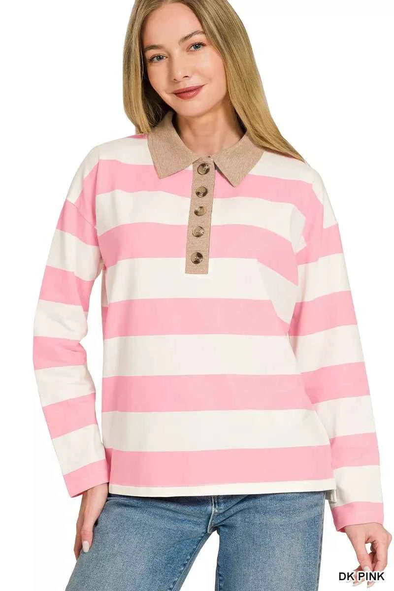 Zenana Striped Contrast Collar Polo Top