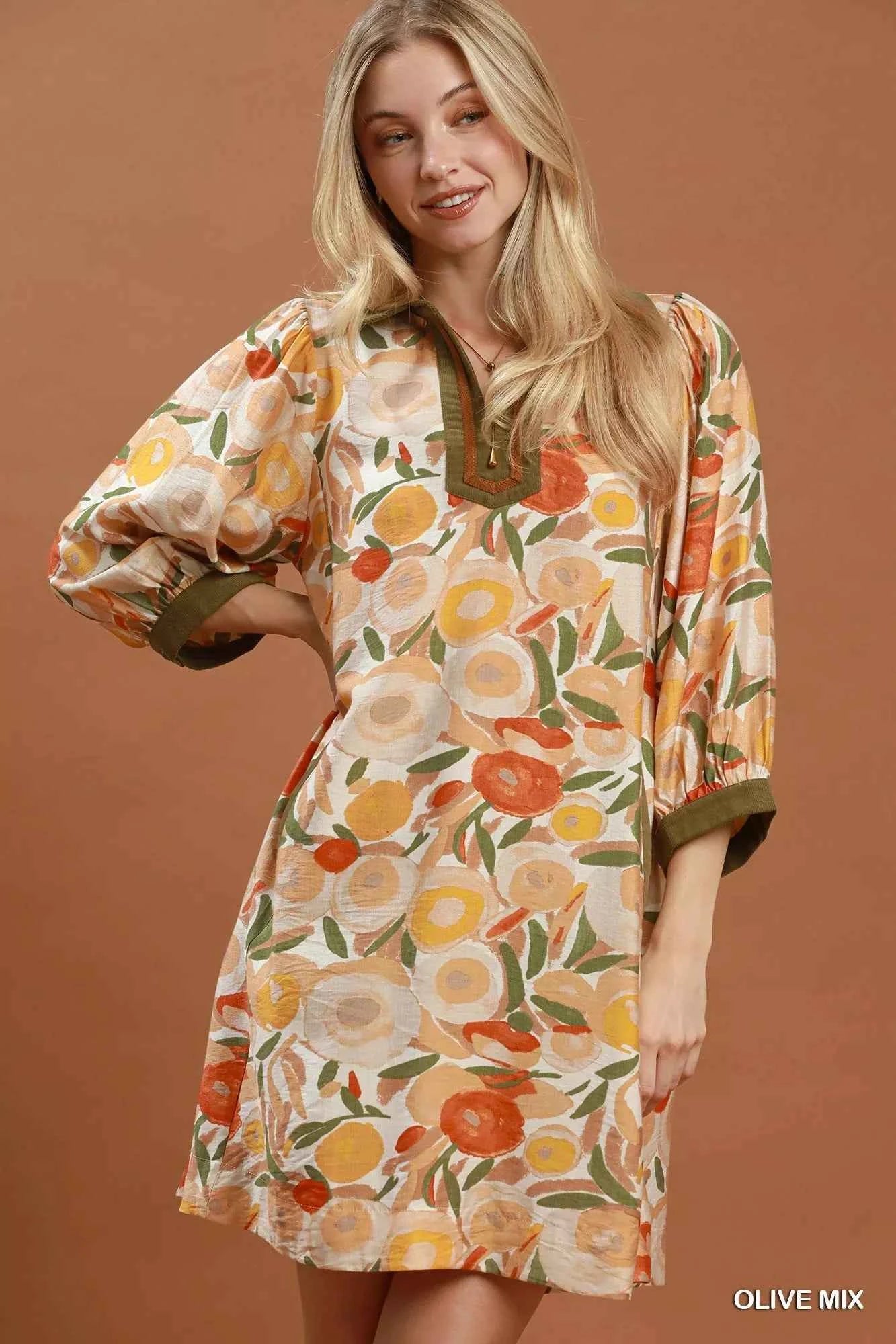 Umgee Mix Floral Contrast Trim Shift Mini Dress