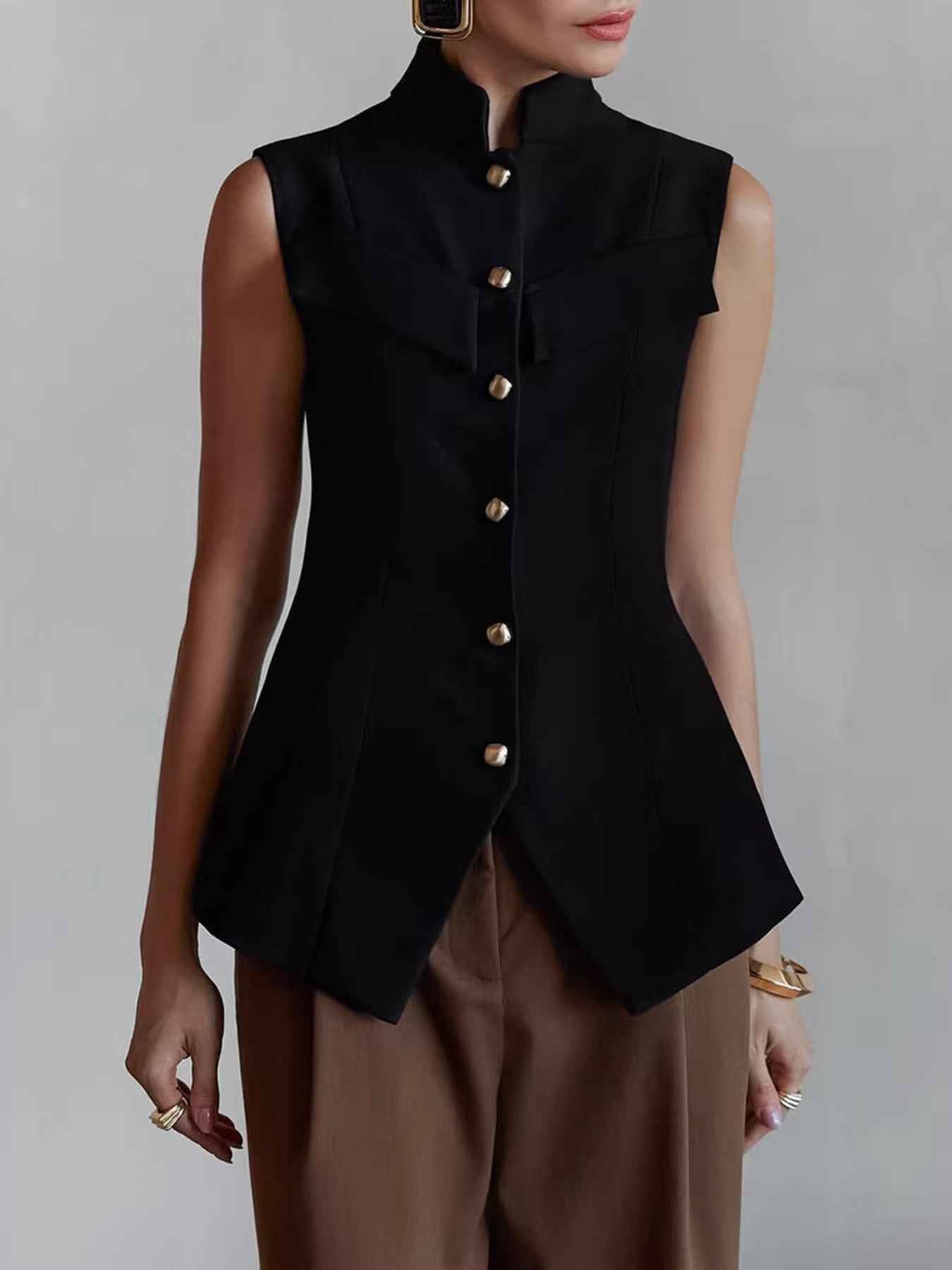 Stand Collar Button-Down Vest Coat