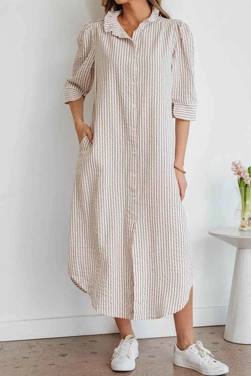 Stripe Frilled Collar Half Sleeve Shirt Dress