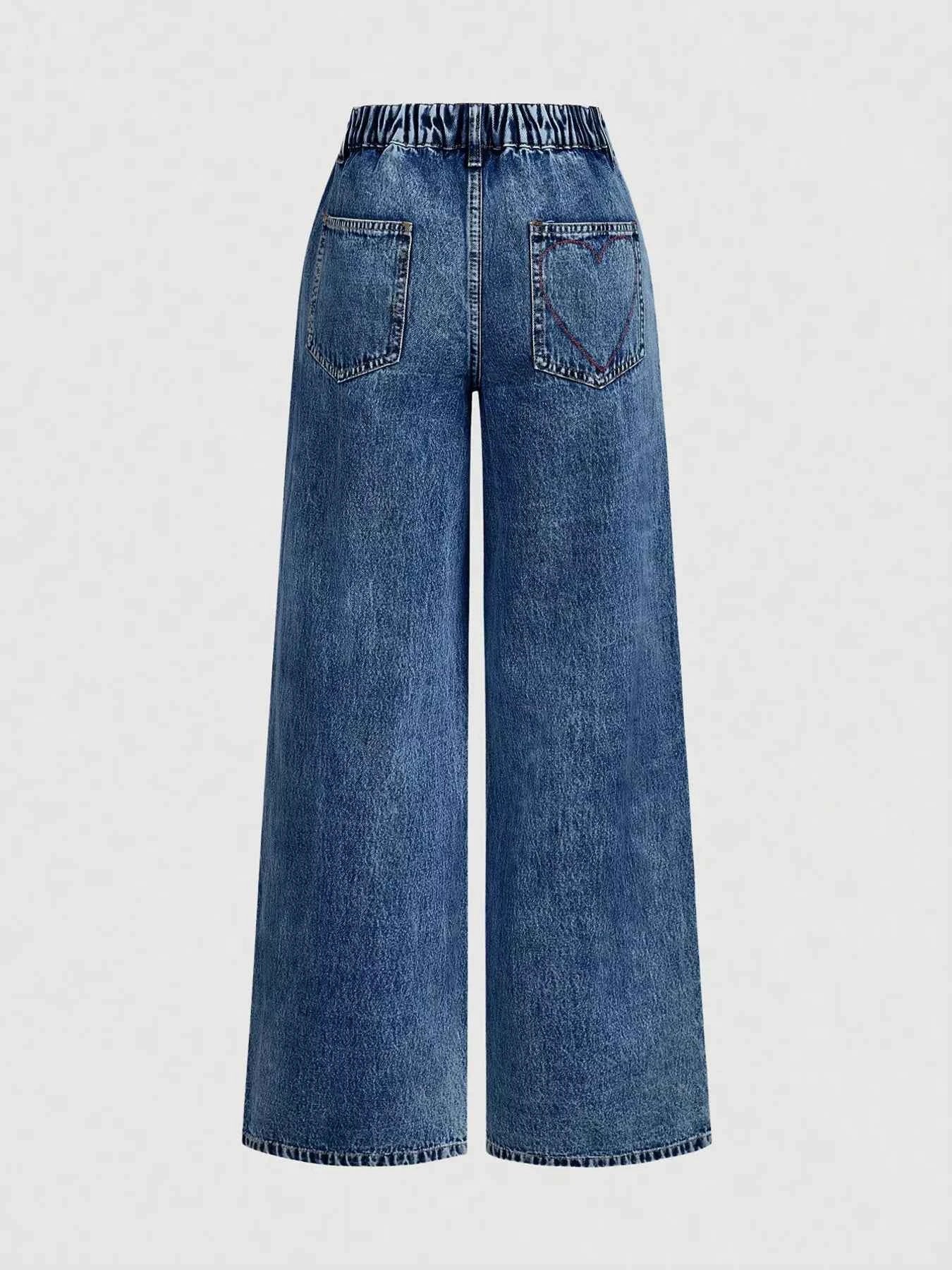 Embroidered Heart Wide-Leg Jeans