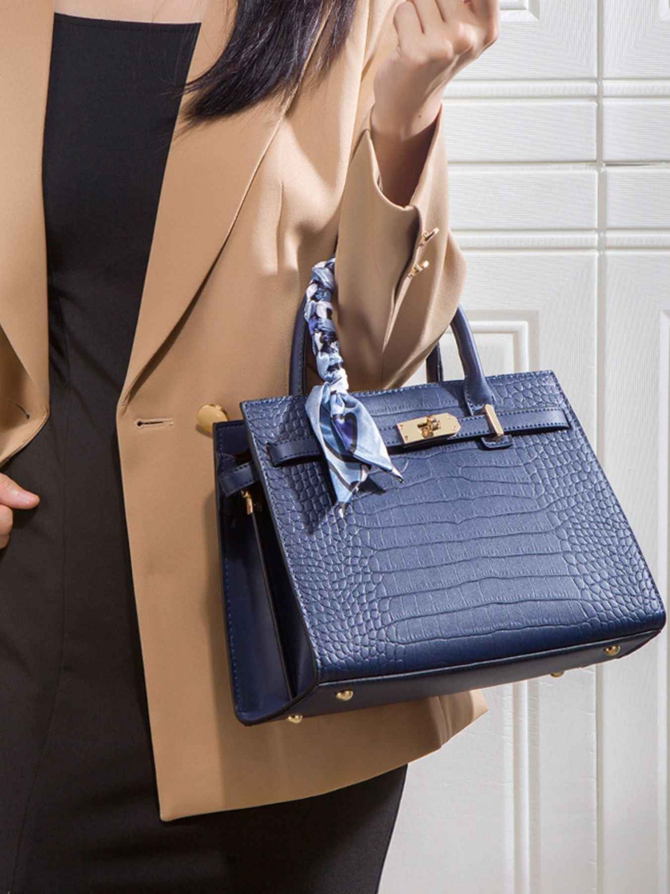 Crocodile Embossed Leather Top Handle Handbag