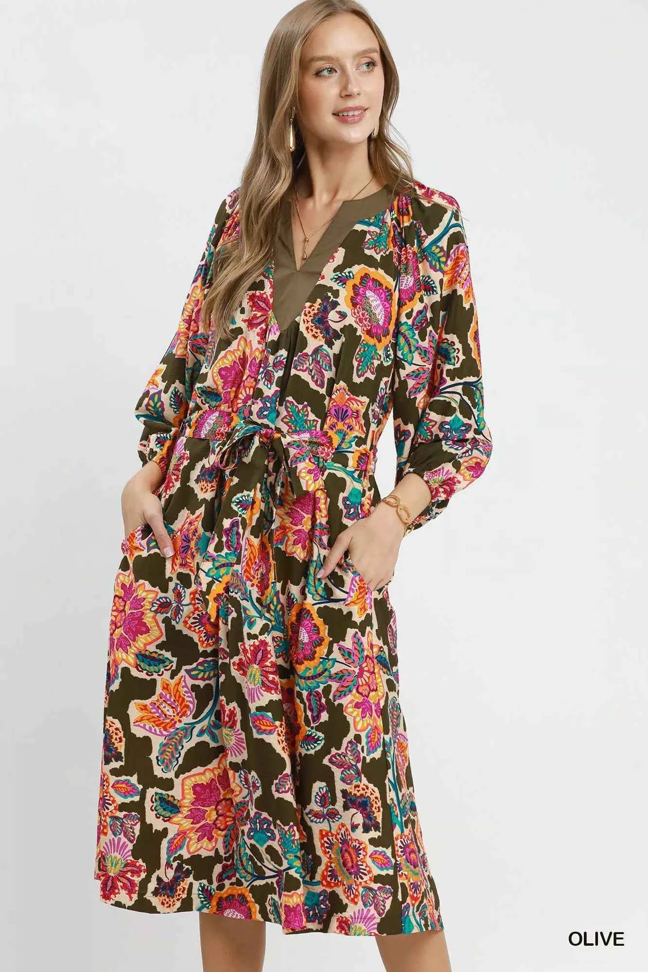 Umgee Abstract Print Embroidered Belted Midi Dress