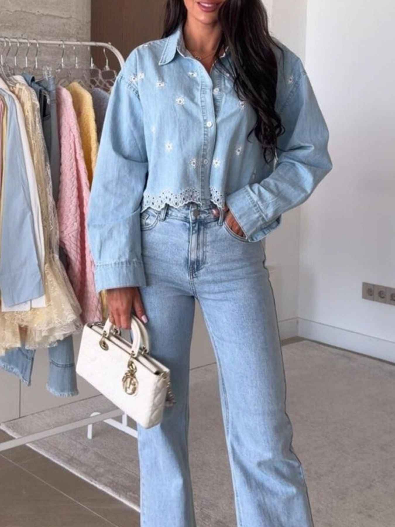 Embroidered Cropped Denim Shirt