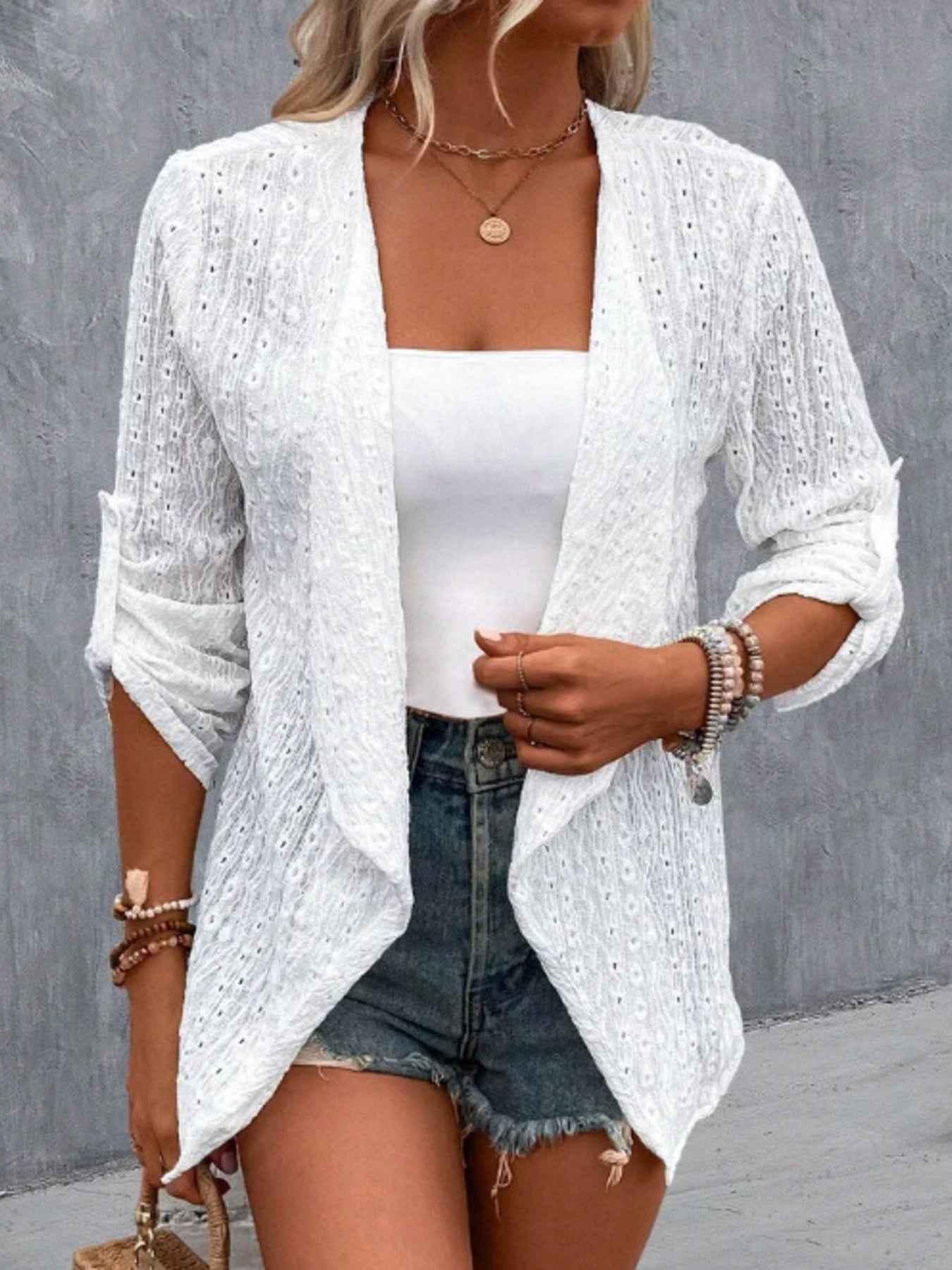 Eyelet Embroidered Open Front Cardigan