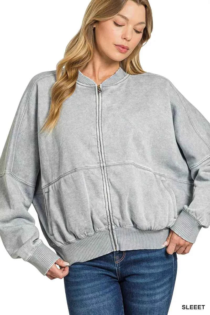 Zenana Acid Washed Fleece Jacket