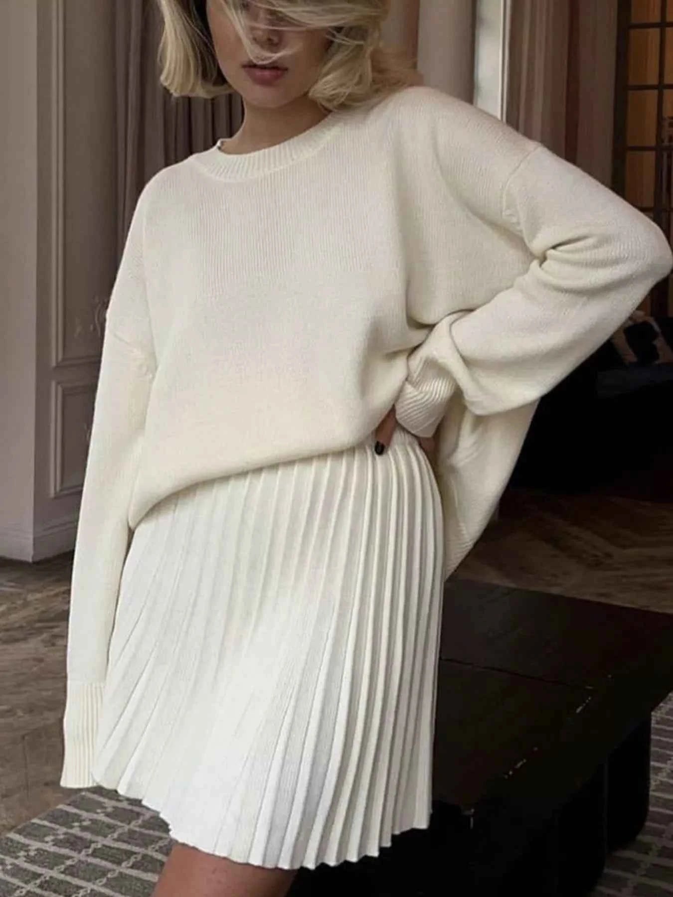 Round Neck Top and Pleated Skirt Sweater Set