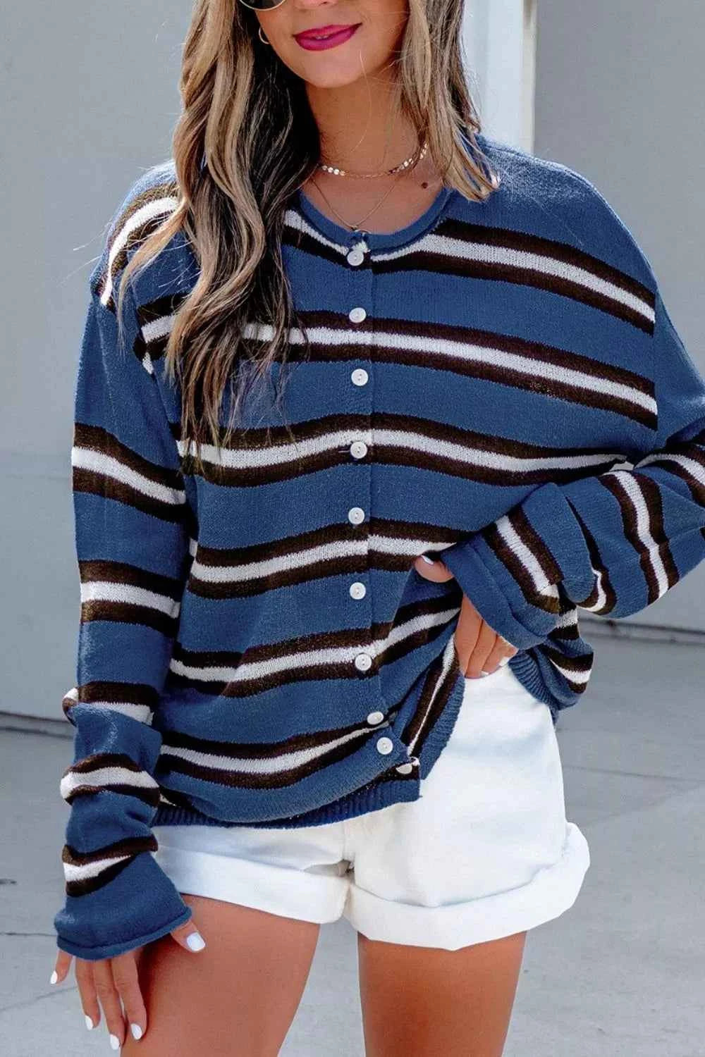 Stripe Striped Drop Shoulder Button Cardigan