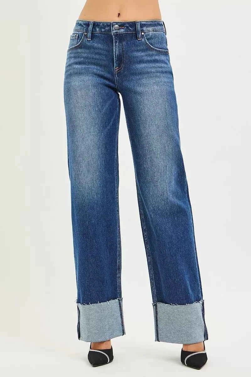 RISEN Mid Rise Wide Straight Jeans With Wide Cuff