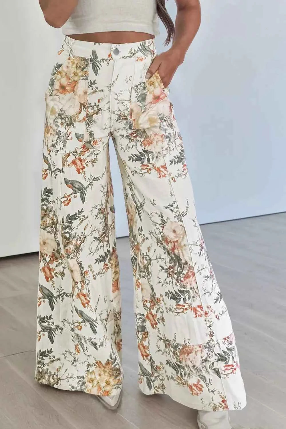 Vintage Style Floral Print High Waist Wide Leg Jeans