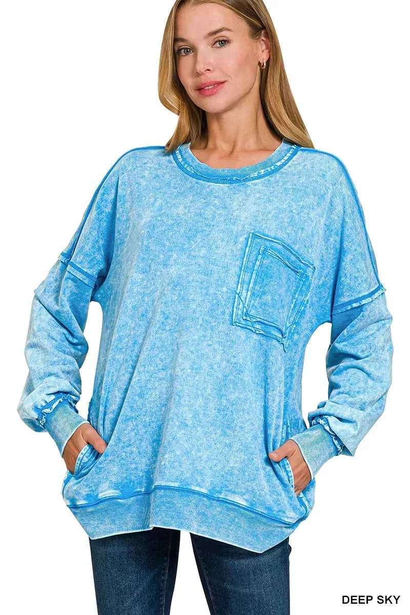 Zenana Acid Wash Raw Edge French Terry Sweatshirt with Front Pocket