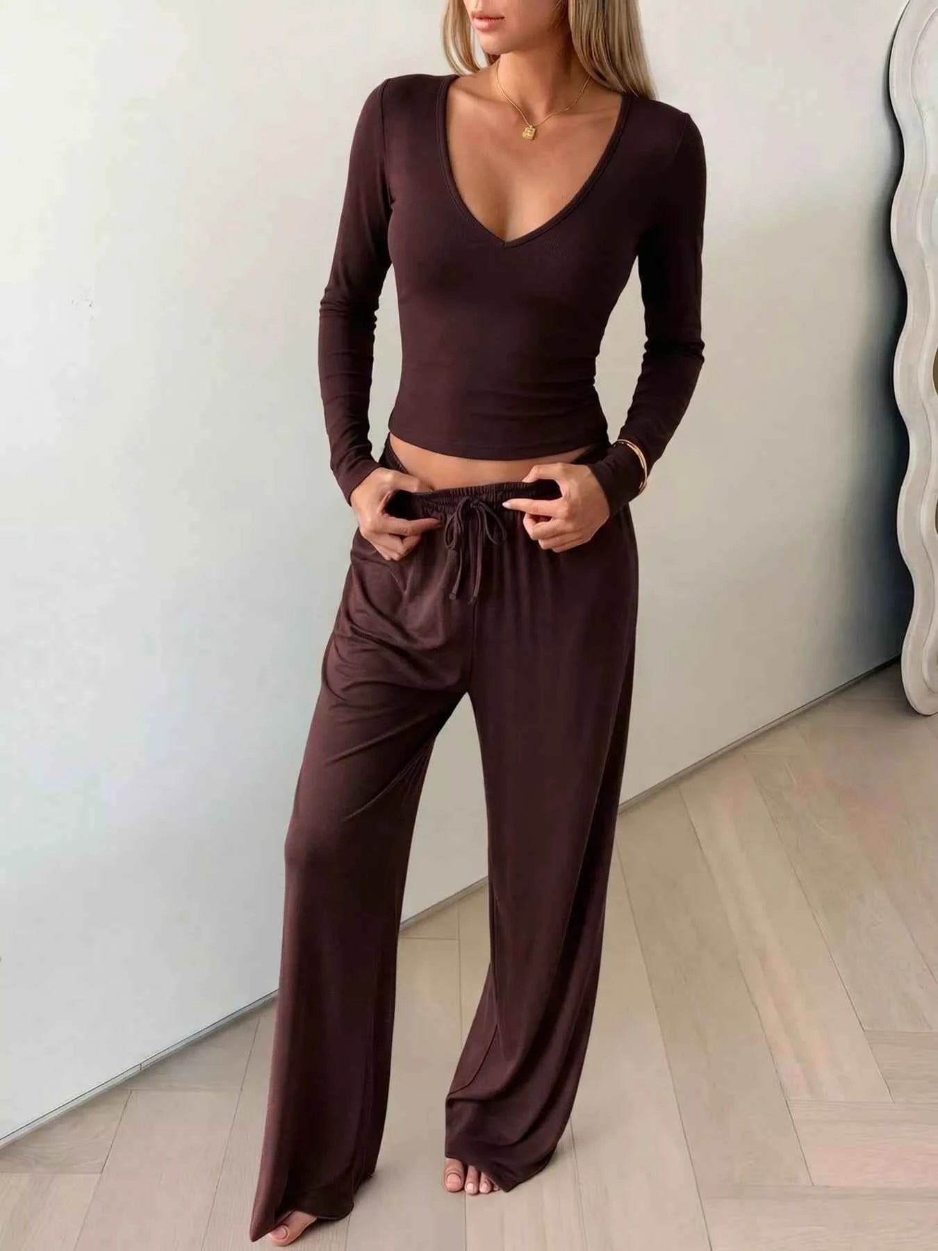 V-Neck Long Sleeve Top and Wide-Leg Pants Set