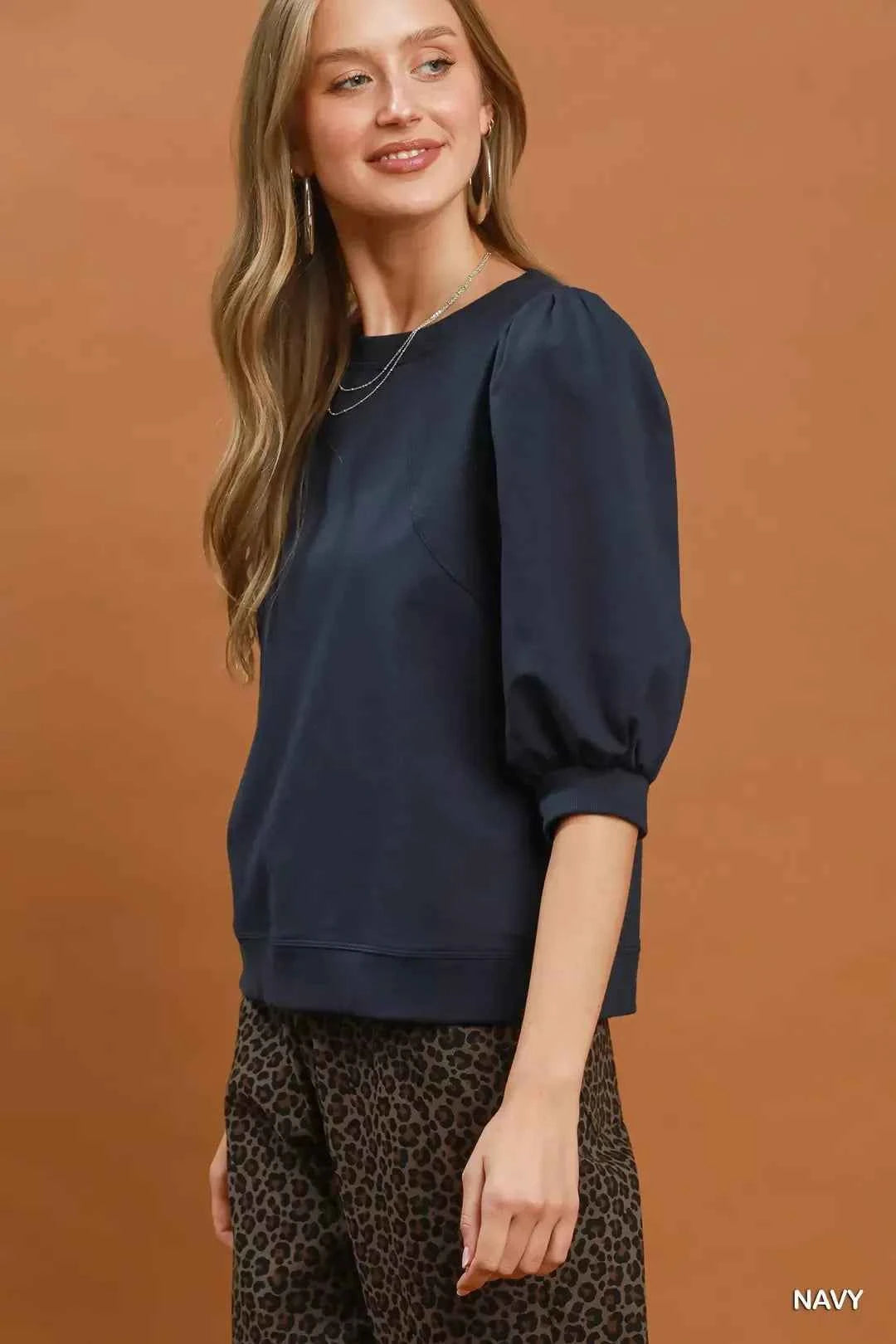 Umgee Puff Sleeve Round Neck Sweatshirt