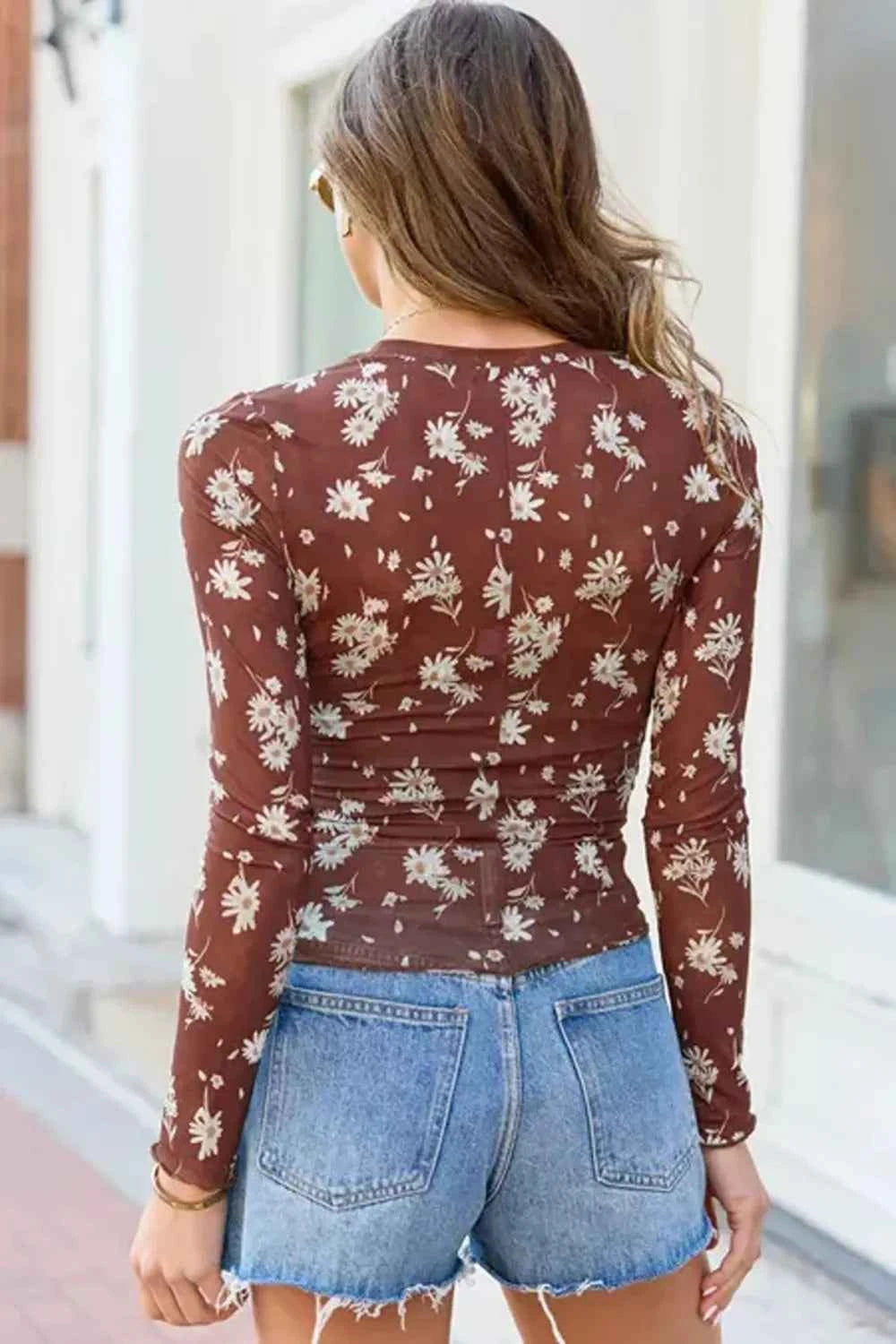 Floral Print Sheer Mesh Long Sleeve Top