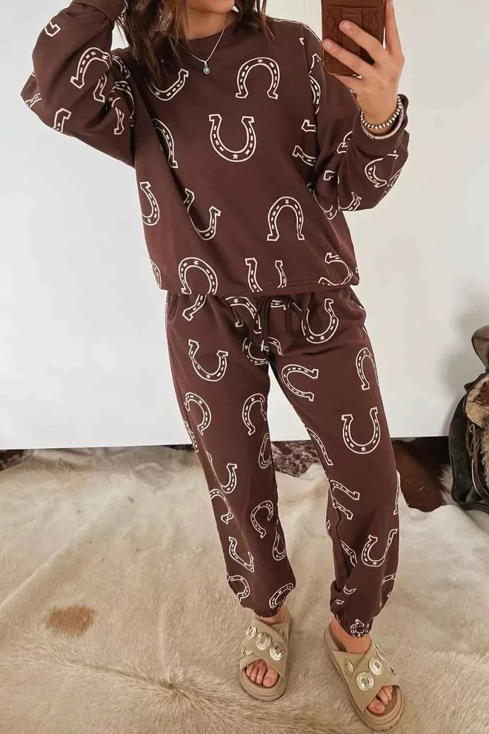Western Print Elastic Waist Pocket 2pcs Pant Set