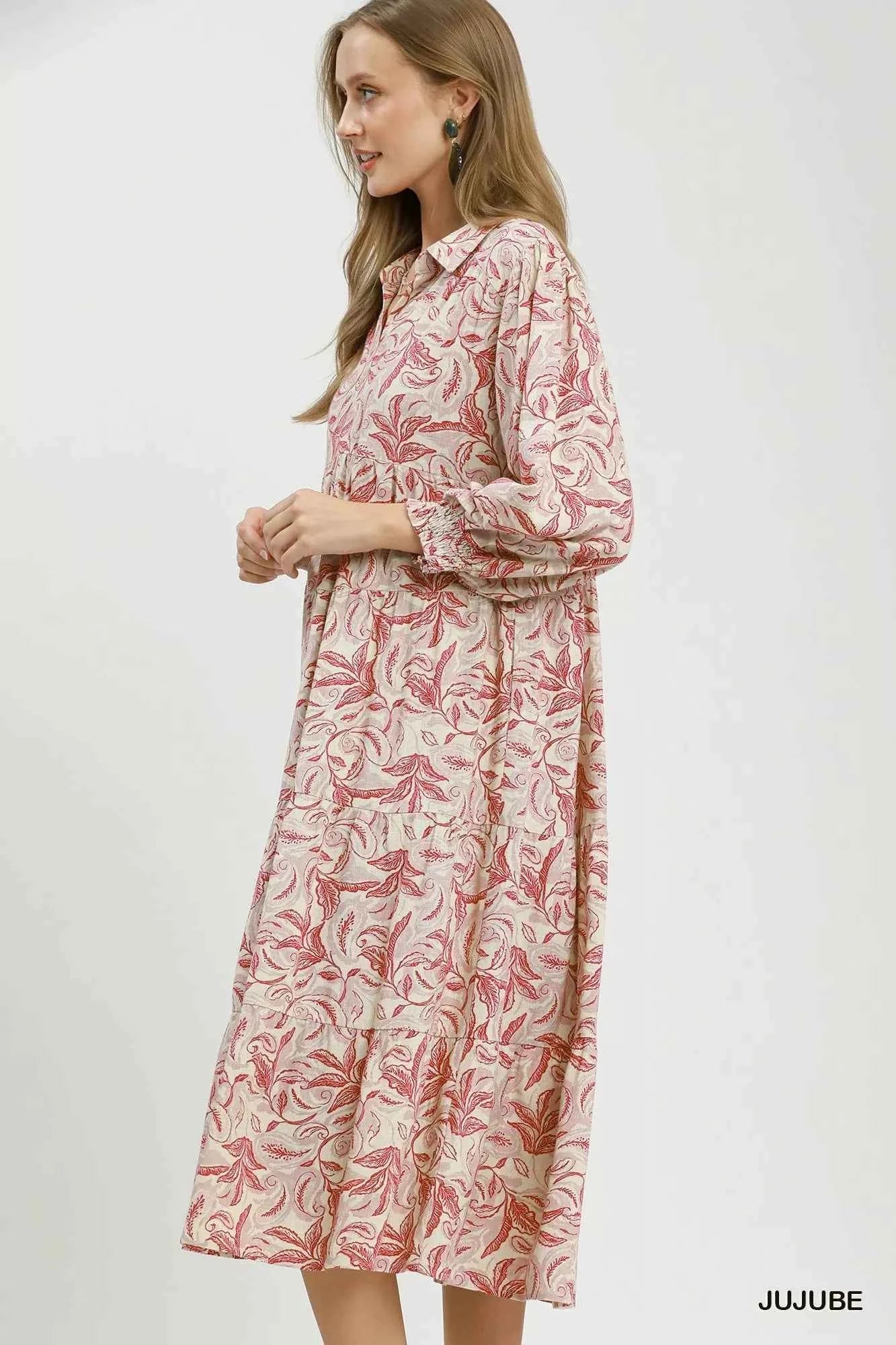 Umgee Linen Botanical Print Tiered Midi Dress