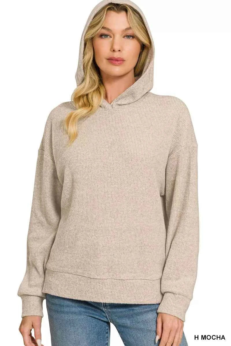 Zenana Brushed Ribbed Hacci Hoodie Pullover