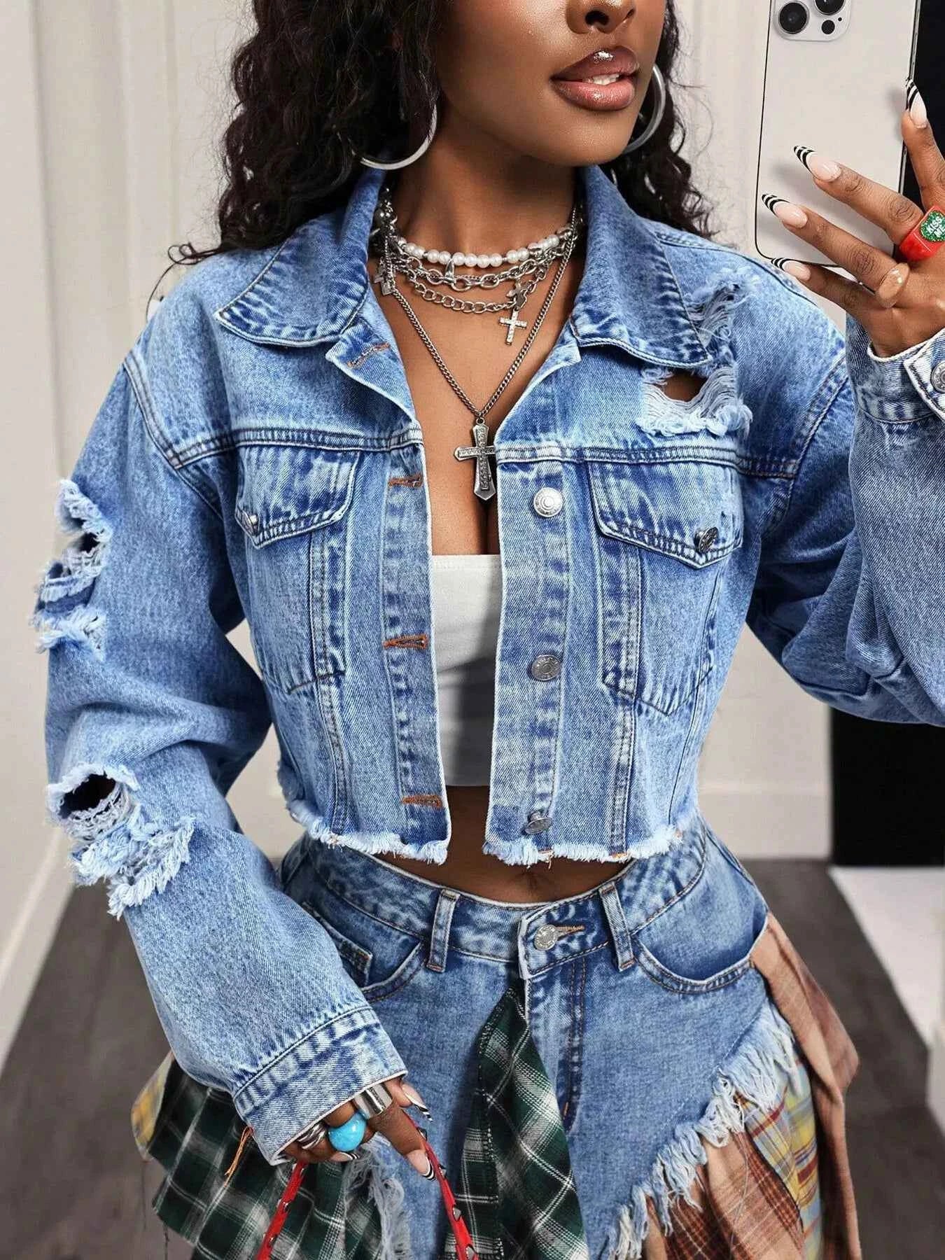 Distressed Cropped Denim Jacket