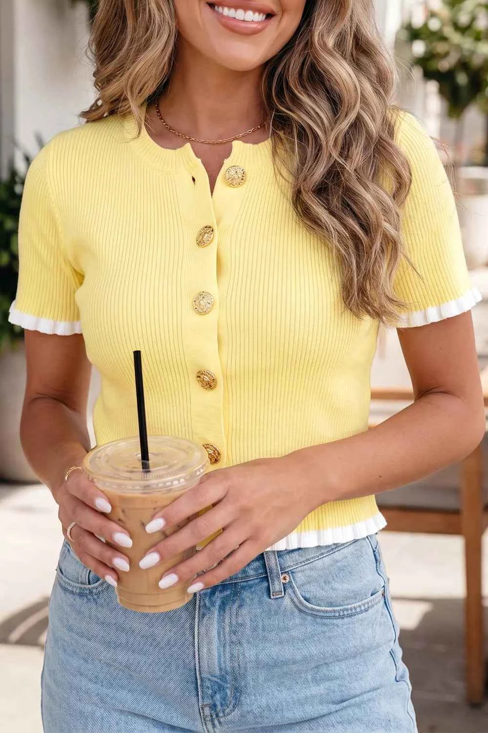 Ribbed Knit Contrast Frilled Short Sleeve Sweater Cardigan
