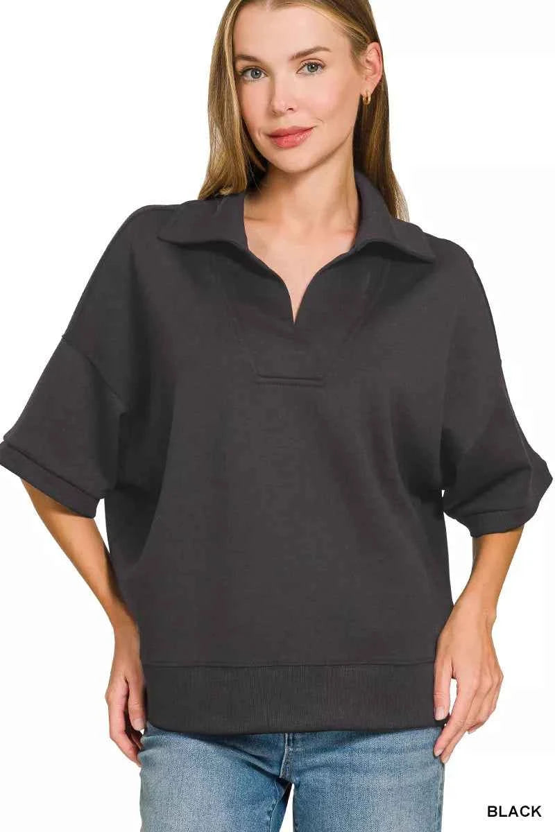 Zenana Scuba Collared Short Sleeve Pullover