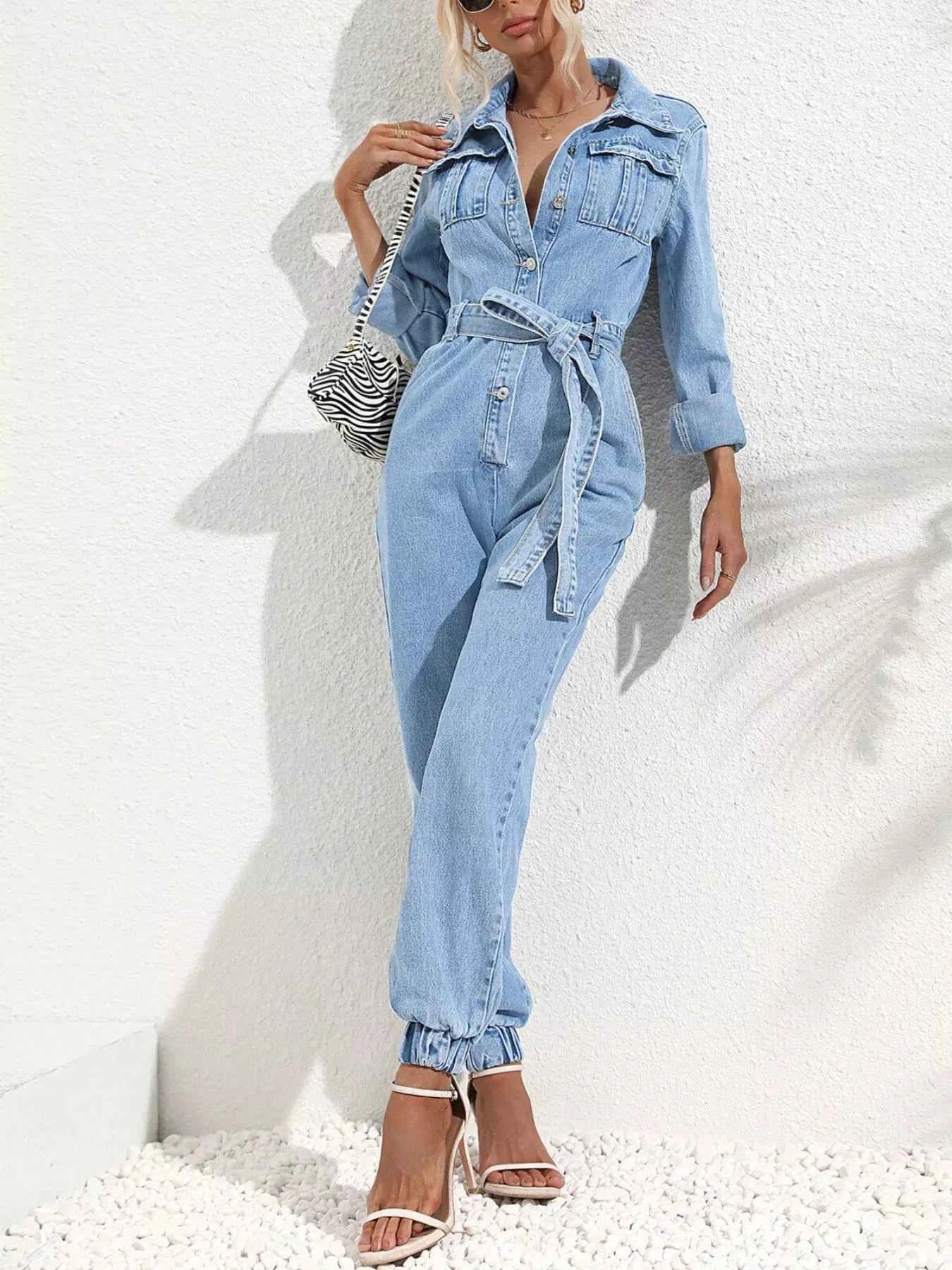 Button Front Belt Denim Jumpsuit