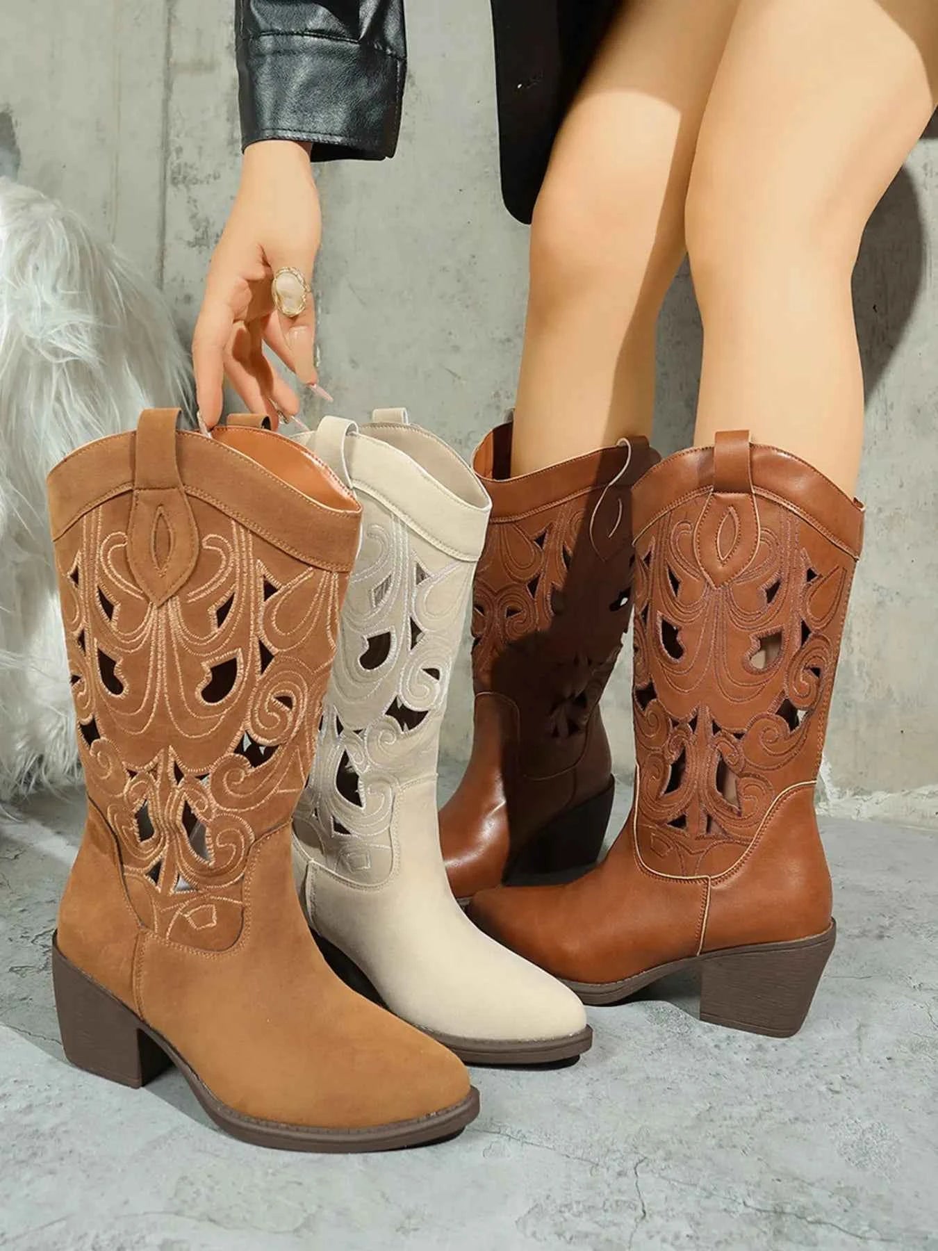 Western Cutout Pattern Block Heel Boots