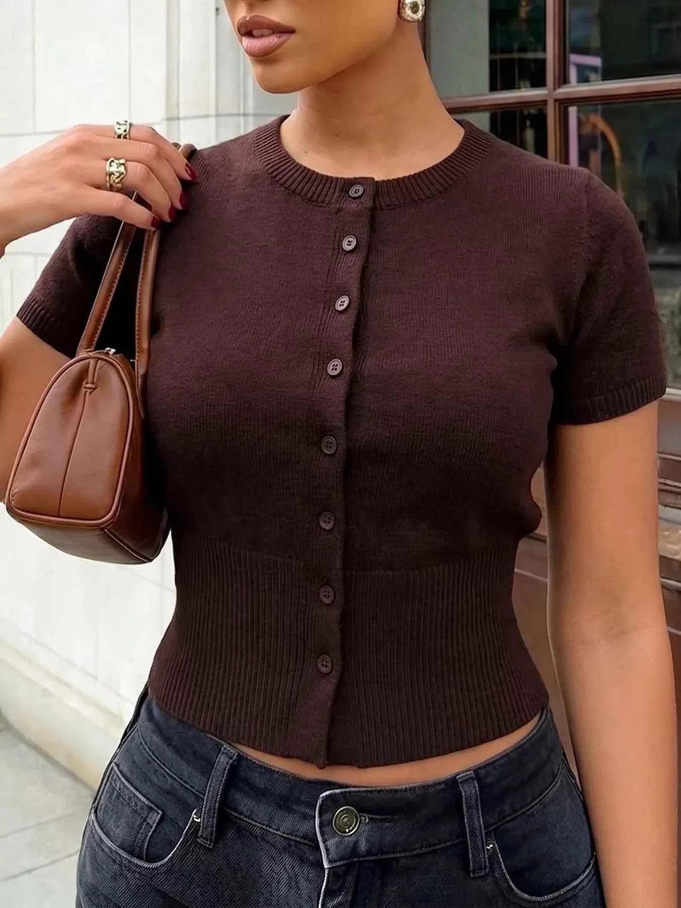 Short-Sleeve Button-Up Cardigan