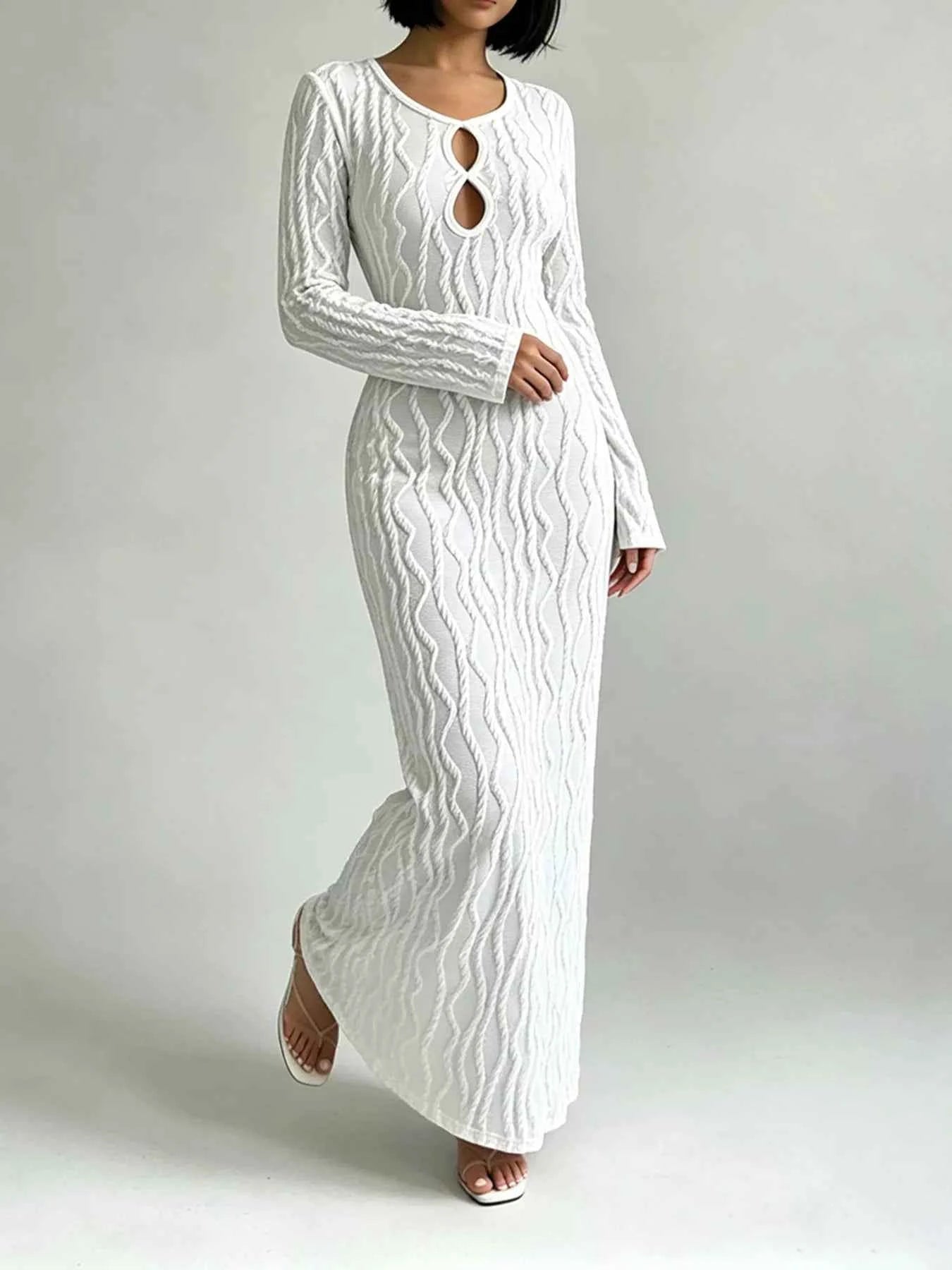 Textured Cut-Out Long Sleeve Maxi Dress