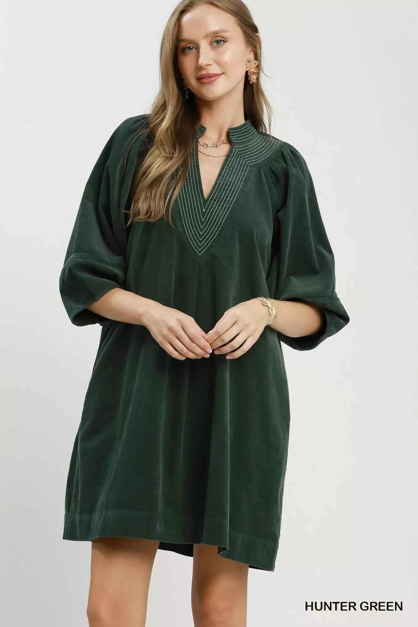 Umgee Corduroy V-Neck Puff Sleeve Shift Dress with Pockets
