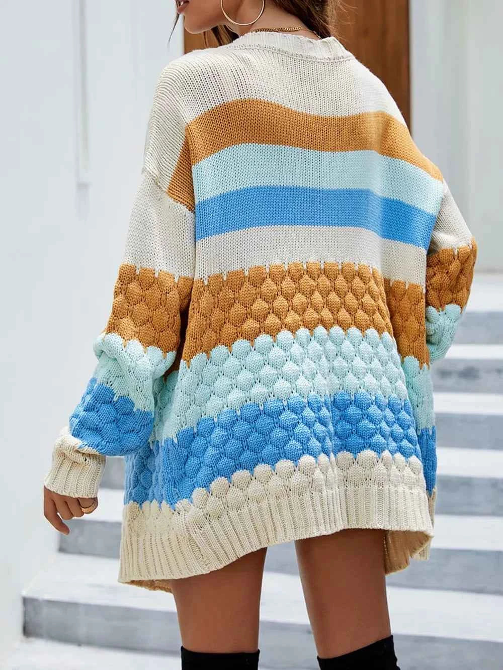Chunky Knit Color Block Open Front Cardigan