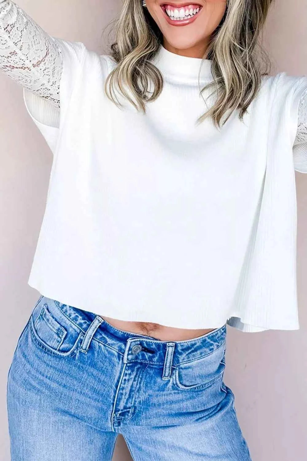 Solid Color Ribbed Knit Mock Neck Loose Short Sleeve Sweater