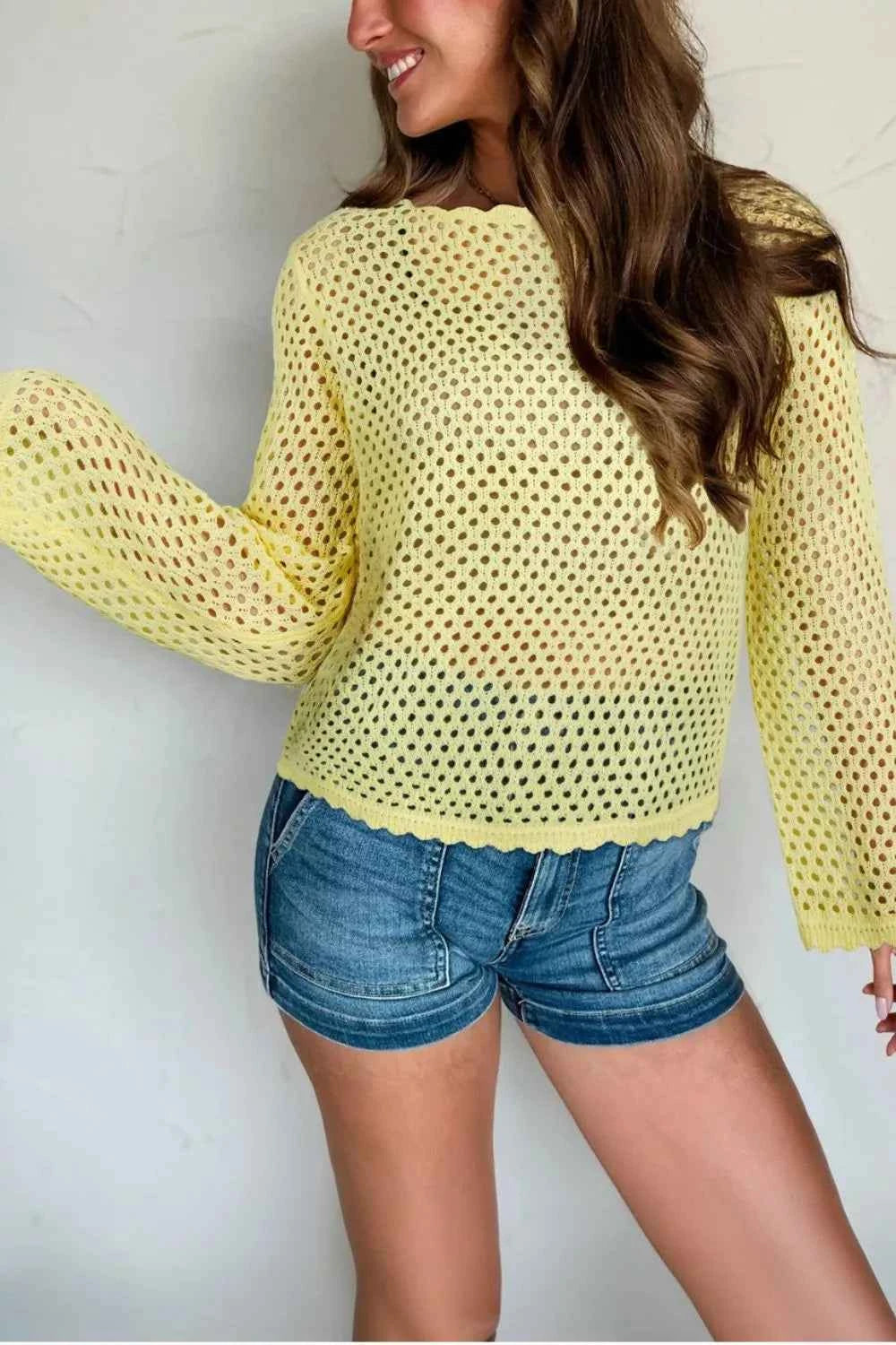 Scalloped Trim Hollow Out Knit Long Sleeve Top
